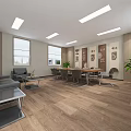 Modern Conference Room Interior With Wooden Flooring Large Table Chairs Sofa And Green Plants