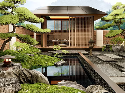 Traditional Japanese Garden With Wooden Pavilion Stone Lanterns Pond Slate Pathway And Pine Trees 3d model