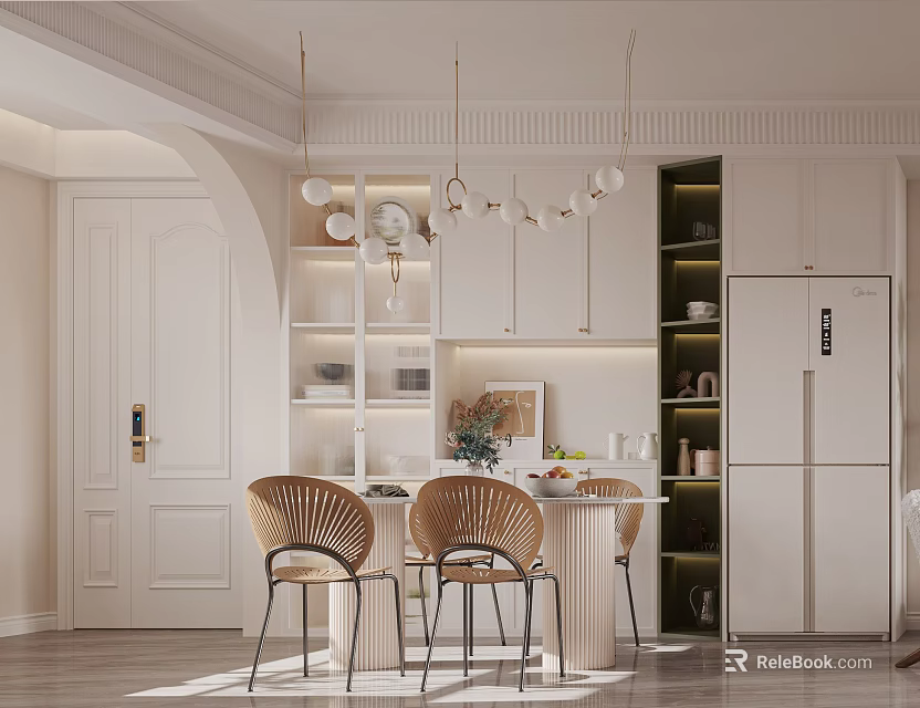 Modern Dining Room Interior With Rattan Chairs Pendant Lights And Display Shelves 3d model 