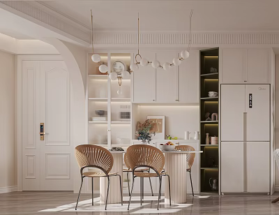 Modern Dining Room Interior With Rattan Chairs Pendant Lights And Display Shelves 3d model