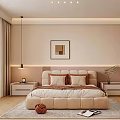 Neutral Bedroom Interior Design With Beige Upholstered Bed Framed Artwork LED Lighting And Area Rug