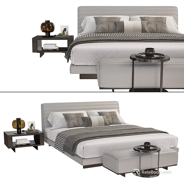 Modern Double Bed With White And Gray Bedding Nightstands And Decorative Items 3d model