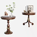 Classic Wooden Side Tables With Carved Details Potted Plant Photo Frame And Candles