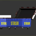 Blue STASH Storage Boxes With Yellow Text One Closed And One Open For Daily Necessities