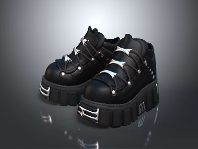 Stylish Black Chunky Platform Shoes With Metallic Details And Thick Soles 3d model