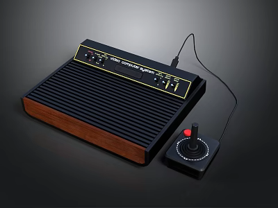 Retro Video Game Console With Wooden Panel Base And Joystick Controller 3d model