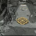 Rocky Cave Entrance With Circular Geometric Floor Pattern And Lighted Passageway