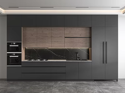 Modern Kitchen Interior With Black Cabinets Wooden Panels And Marble Countertop 3d model