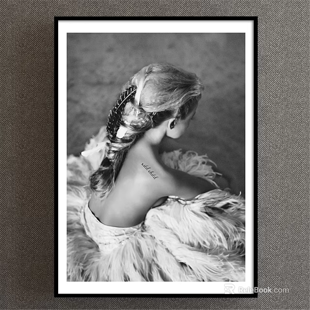 Black And White Female Back View Portrait With Braided Hair Feather Decoration And Tattoo 3d model 