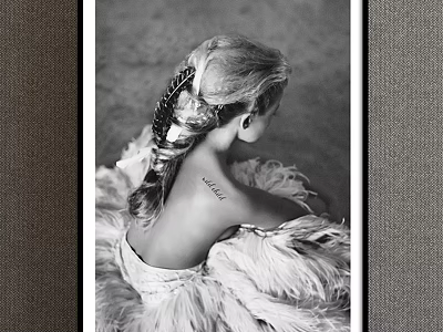 Black And White Female Back View Portrait With Braided Hair Feather Decoration And Tattoo 3d model