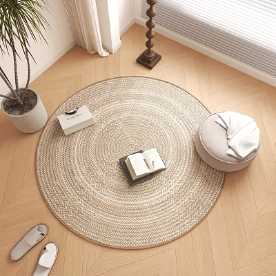 Woven Round Rug on Light Wooden Floor with Potted Plant Open Book and Beige Stool 3d model