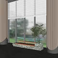 Stylish Landscape Seat With Wooden Surface And Marble Base By Large Window With Green Tree