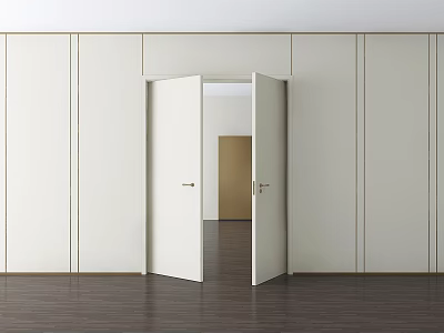 Open White Double Doors In Modern Interior With Light Walls And Dark Wooden Floor 3d model