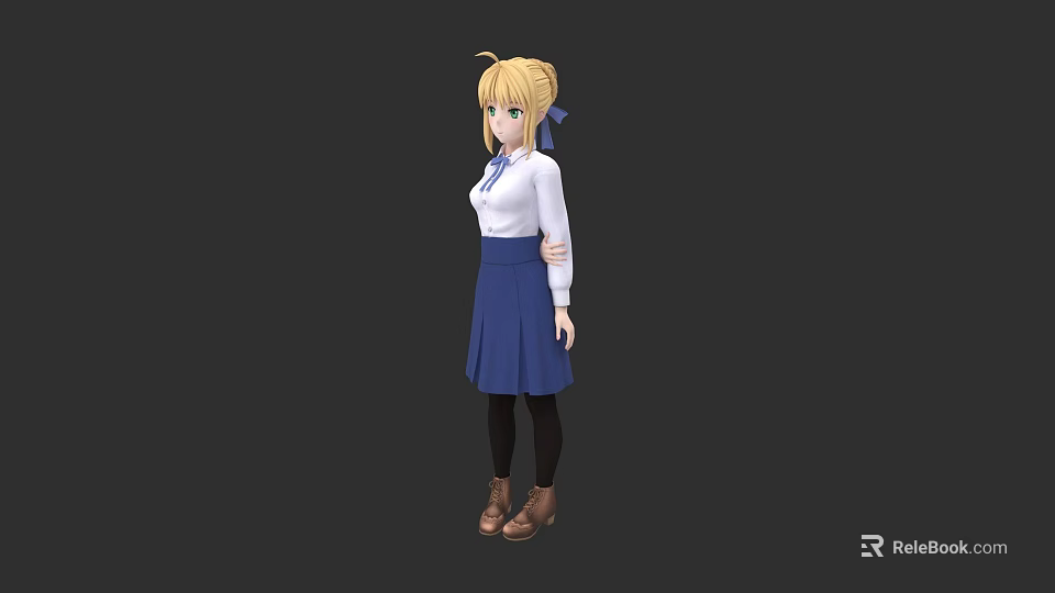 Woman With Blonde Hair In White Shirt Blue Skirt Blue Ribbon Black Leggings Brown Shoes 3d model 