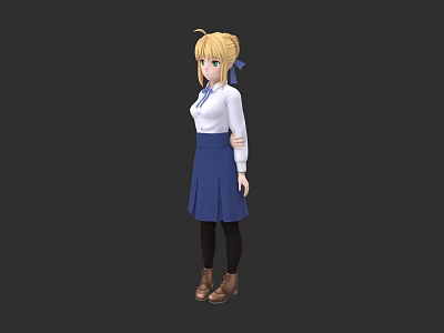 Woman With Blonde Hair In White Shirt Blue Skirt Blue Ribbon Black Leggings Brown Shoes 3d model