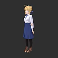 Woman With Blonde Hair In White Shirt Blue Skirt Blue Ribbon Black Leggings Brown Shoes