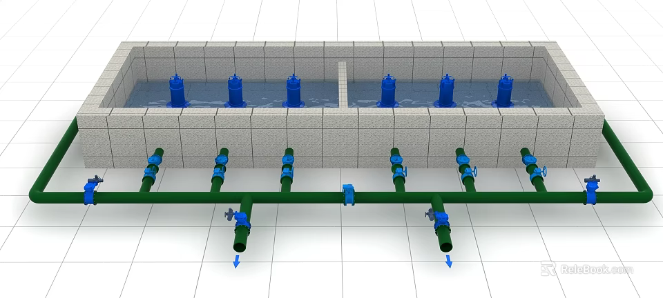Industrial Pipeline Equipment with Green Pipes Blue Valves Mounted on Gray Wall Showing Water Flow 3d model 