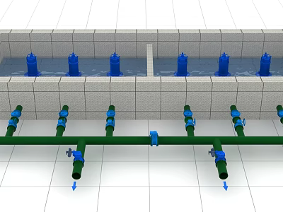 Industrial Pipeline Equipment with Green Pipes Blue Valves Mounted on Gray Wall Showing Water Flow 3d model