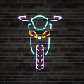 Motorcycle Themed Decorative Neon Lights on Black Brick Wall with Purple Orange Yellow Pink Hues