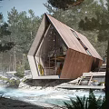 Modern Detached Villa with Triangular Roof Wooden Structure and Large Windows in Forest by River