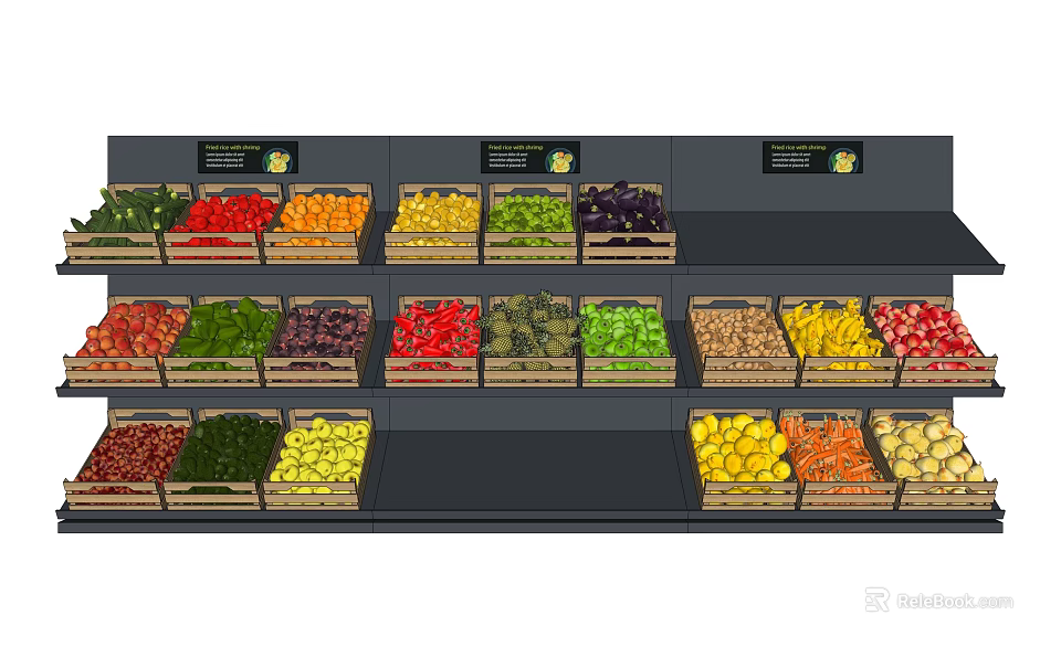 Fruit Display Shelves With Various Fresh Fruits Arranged in Crates on Multiple Layers 3d model 