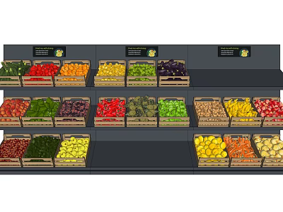 Fruit Display Shelves With Various Fresh Fruits Arranged in Crates on Multiple Layers 3d model