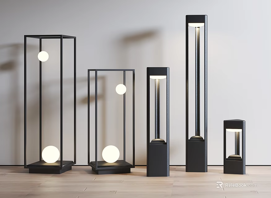 Modern Outdoor Floor Lamps With Black Metal Frame Different Heights And Spherical Light Bulbs 3d model 