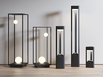Modern Outdoor Floor Lamps With Black Metal Frame Different Heights And Spherical Light Bulbs 3d model
