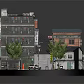 Traditional Japanese Architecture Street Scene With Multi Story Building Small Houses Trees And Vintage Car