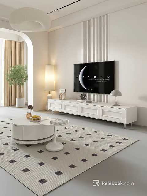Modern Living Room White TV Stand With Mounted TV Table Lamp And Decorative Items 3d model 