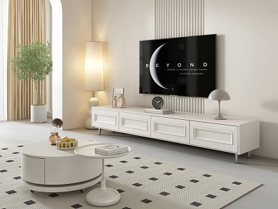 Modern Living Room White TV Stand With Mounted TV Table Lamp And Decorative Items 3d model