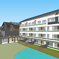 Modern Architectural Building Exterior With Glass Curtain Wall Wooden Facade Sloped Roof And Water Feature