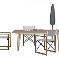 Modern Wooden Dining Table Set With Four Gray Chairs And Black Umbrella