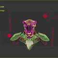 Futuristic Mechanical Sculpture Carving With Metallic Texture And Red Geometric Accents