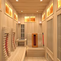 Serene Wooden Sauna Interior Design With Comfortable Benches Heater And Soft Lighting
