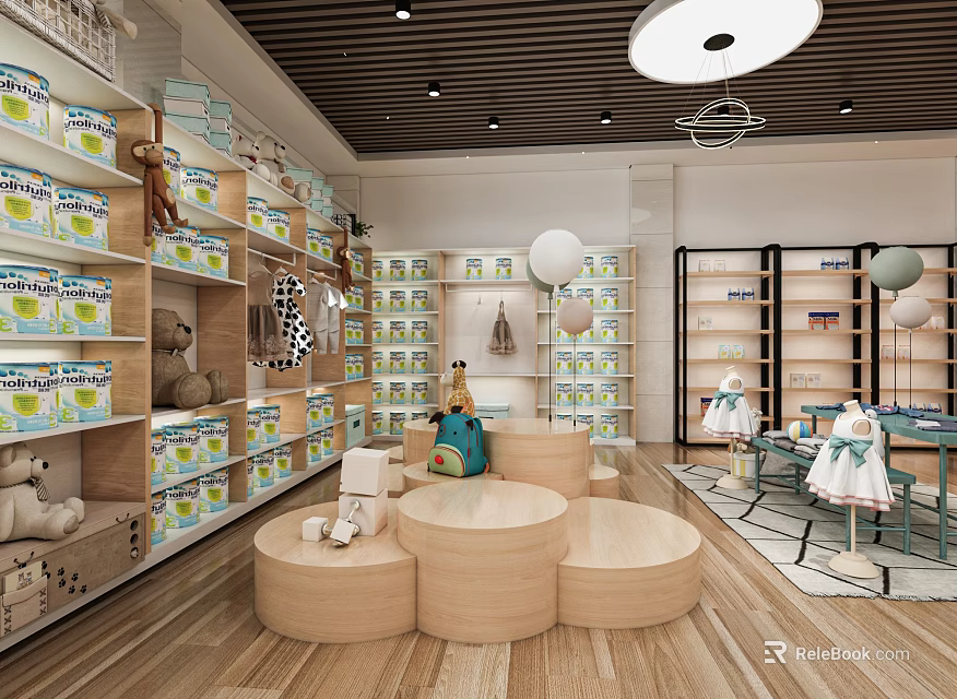 Bright Baby Products Store Interior With Toys Infant Apparel Shelves And Wooden Stools 3d model 