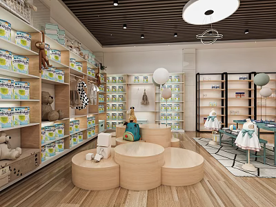 Bright Baby Products Store Interior With Toys Infant Apparel Shelves And Wooden Stools 3d model