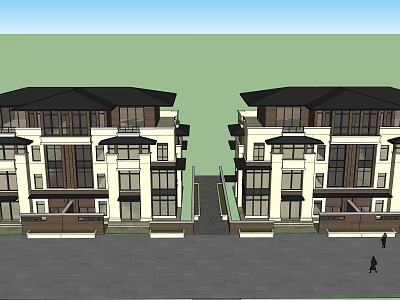 Modern Semi Detached Villa Exterior With Symmetrical Design And Large Windows 3d model