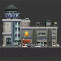 Cartoon Style Police Station Building with Tower Police Cars and Road Barriers