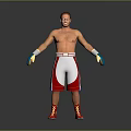Shirtless Male Boxer Standing in Red White Shorts Red Shoes and Blue Yellow Gloves
