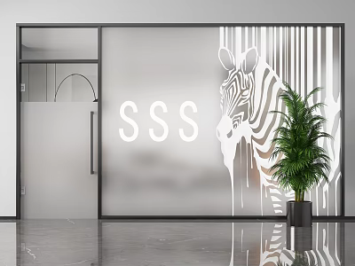 Modern Glass Partition With Zebra Pattern SSS Lettering And Green Plant 3d model