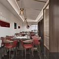 Elegant Restaurant Interior Design With Marble Walls Wooden Lattice Pine Decoration And Red Seating