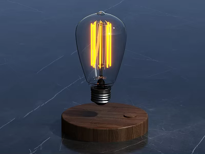 Modern Table Lamp With Transparent Bulb Yellow Filament And Wooden Base On Dark Marble Surface 3d model