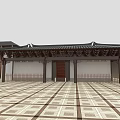 Traditional Chinese Ancient Architecture Interior With Red Doors Tile Roof And Patterned Floor