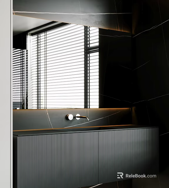 Modern Black Matte Washbasin With Slim Faucet And Window Blinds Design 3d model 