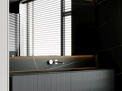 Modern Black Matte Washbasin With Slim Faucet And Window Blinds Design 3d model