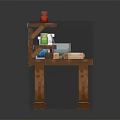Pixel Style Wooden Workbench Furniture With Shelves Colorful Bottles And Red Cloth
