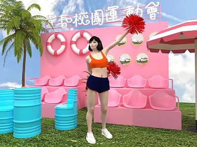 Youth Campus Sports Meeting Interactive Area with Cheerleader Pink Bleachers Palm Tree and Lifebuoy Decorations 3d model