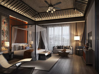 Traditional Hotel Guest Room with Canopy Bed Sofa Rug and Decorative Painting 3d model