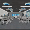 Modern Smart Conference Room With Computers Tables Large Screen And City View Ceiling Lights
